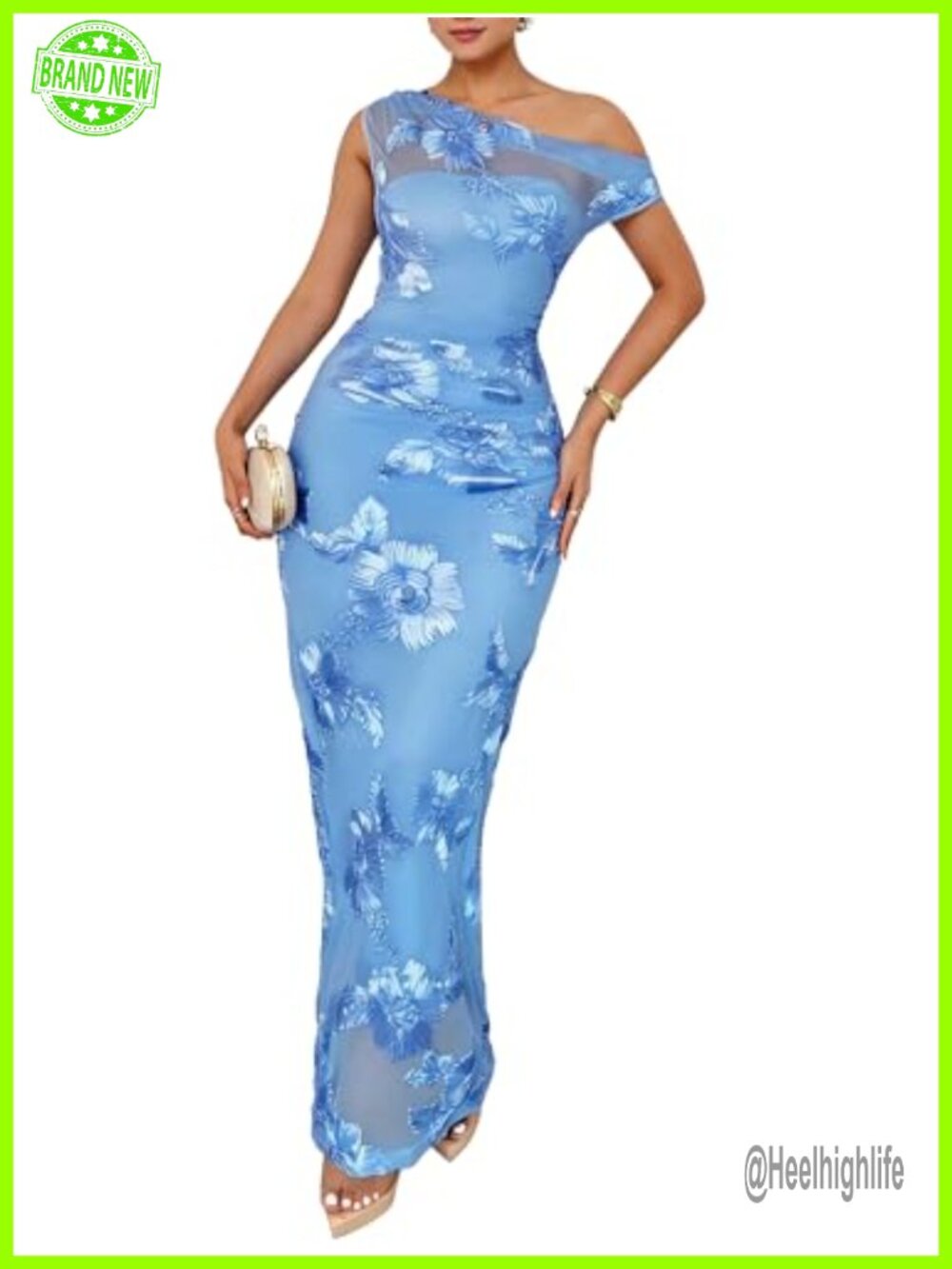 One-Shoulder Ruffle Mermaid Maxi Dress 3D Floral Sequin Bodycon Formal Evening